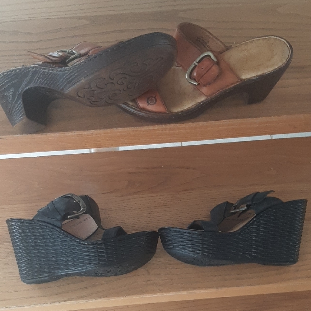 2 PAIR👡BORN👡Black&Brown LEATHER Wedge Sandals Size 8 - Picture 6 of 13